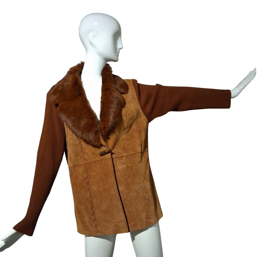 Vintage Suede Rabbit Fur Women's Size Medium Ribbed Glam Hippie Sweater Jacket